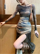 BXOXO American Vintage Tie Dye Mesh Dress for Women Autumn Slim Waist Long Sleeve Vestidos+ Bottoming Strap Two Piece Sets